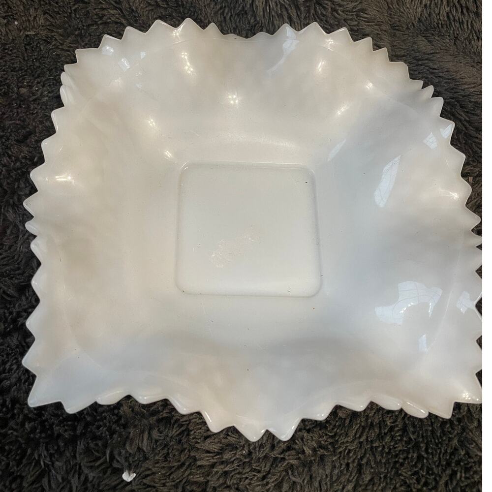 White Milk Glass Ruffled Edge Diamond Cut Square Dish